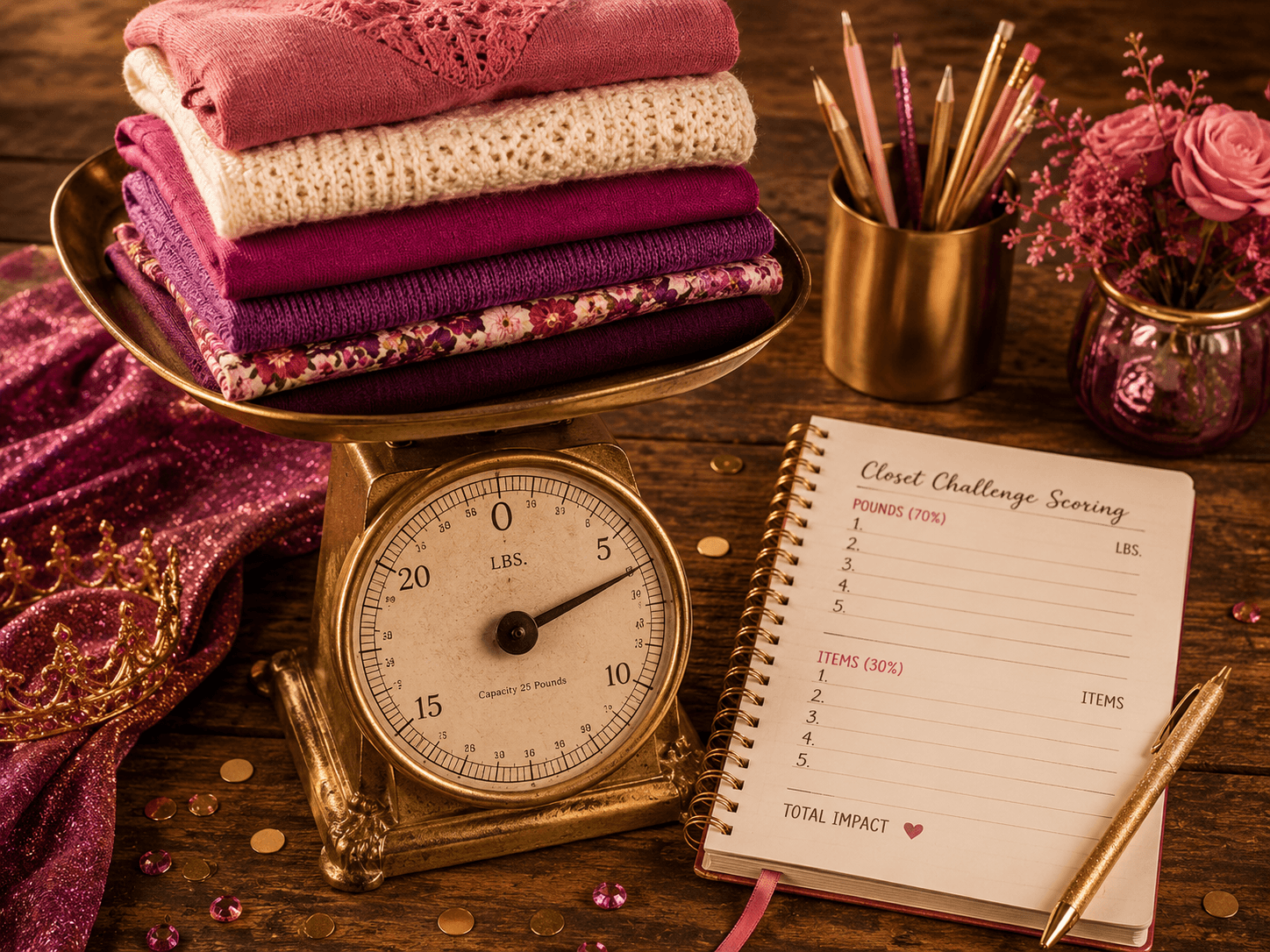 Closet Challenge scoring — vintage brass scale weighing folded clothing