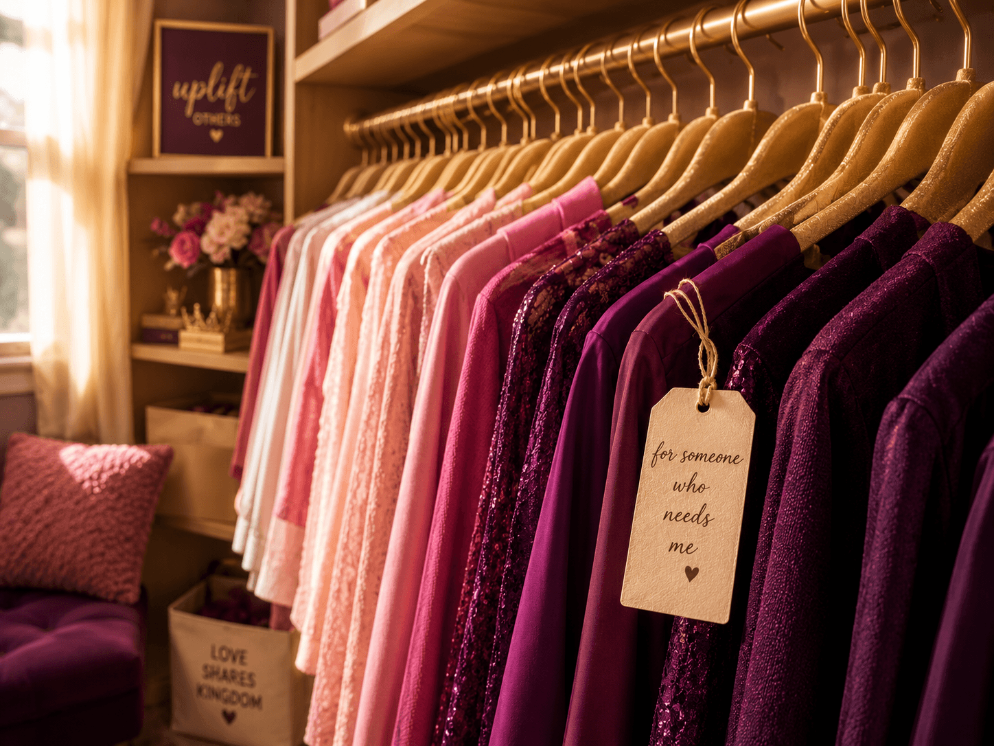 The Closet — thrifted clothing on velvet hangers, warm light