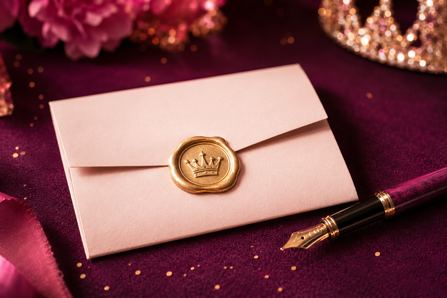 A folded letter with a champagne-gold crown wax seal