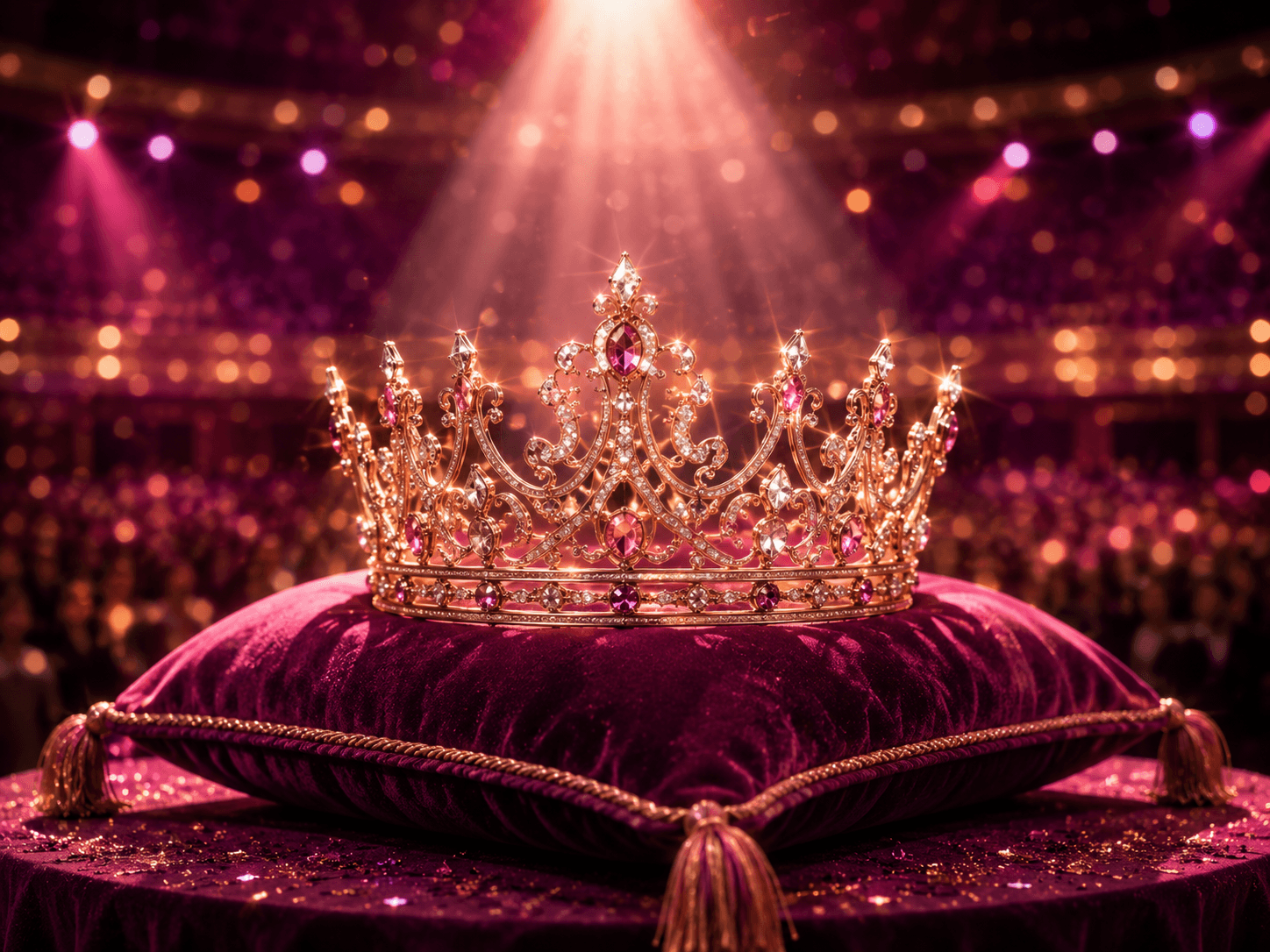 State Championship — crown on velvet pillow under stage spotlight