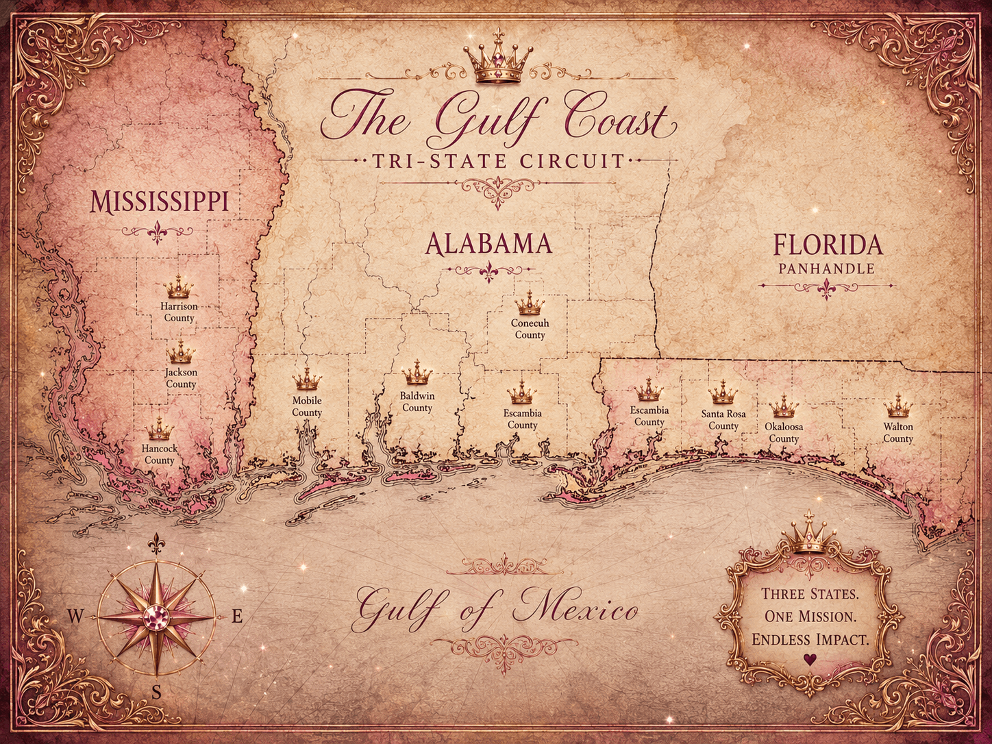 Tri-State Gulf Coast map — Florida, Alabama, and Mississippi panhandles with county crown markers